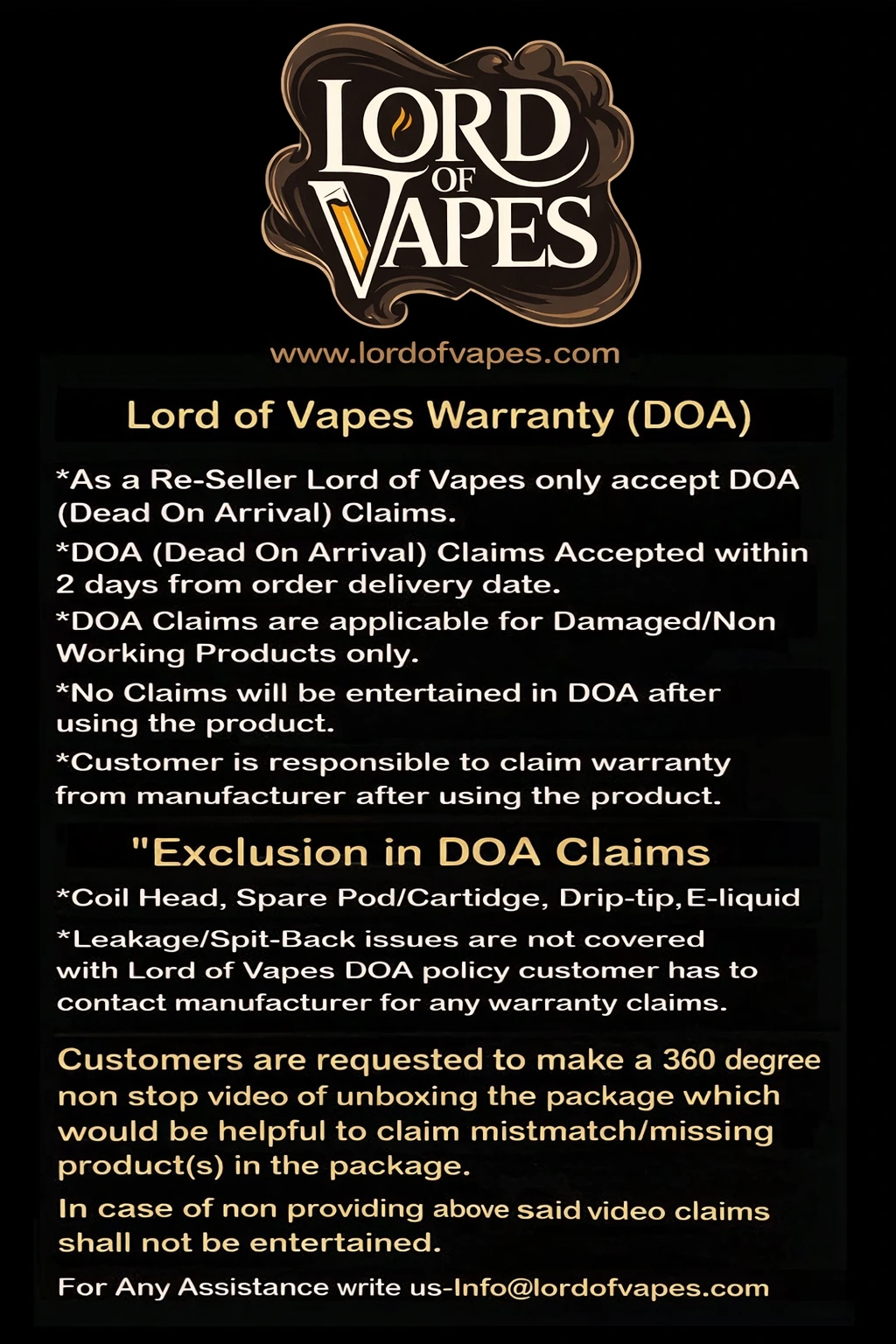 Lord of Vapes Privacy, Warranty & Shipping Policy